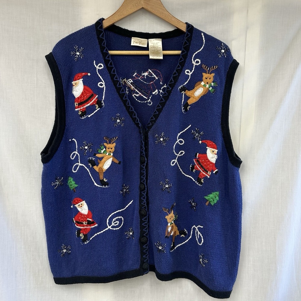 Vintage Bobbie Brooks 3X/4X (26W/28W) Christmas Sweater Vest Ice Skating‎ Santa